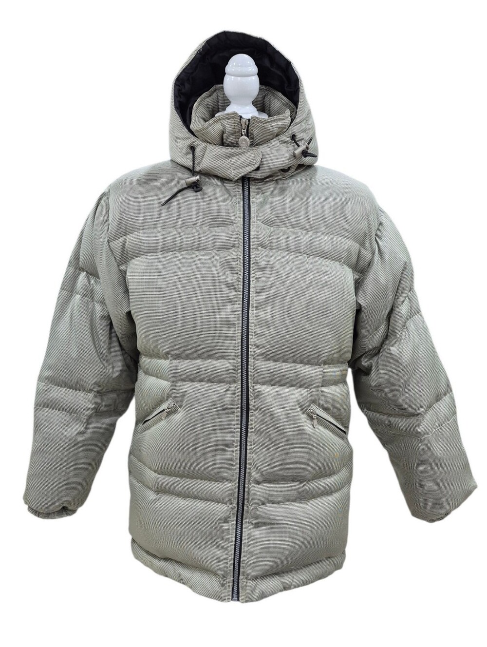 First Down puffer coat men's Med green cream check duck feather detachable hood